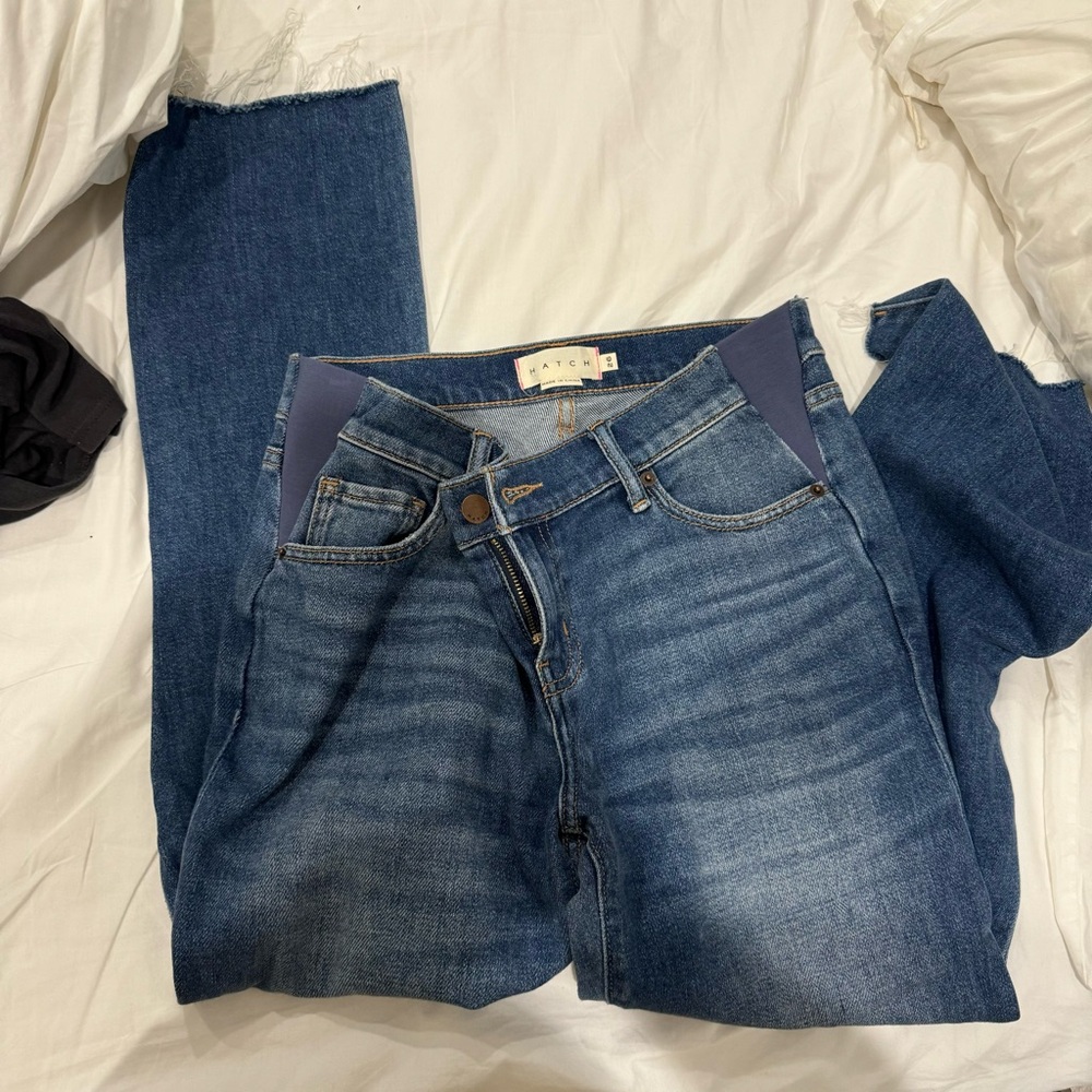 Hatch Crop Maternity Jean Under Belly Raw Hem Flare Blue 26